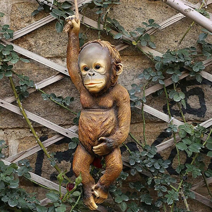 Monkey Chimp Hanging Rope Garden Ornament Outdoor Statue Sculpture Resin Decor - homesweetroses