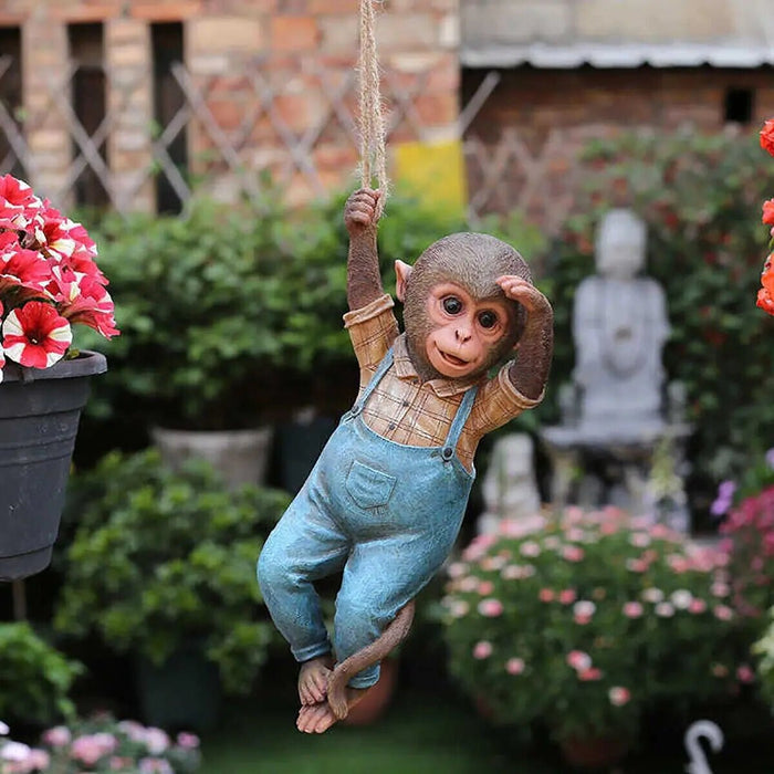 Monkey Chimp Hanging Rope Garden Ornament Outdoor Statue Sculpture Resin Decor - homesweetroses