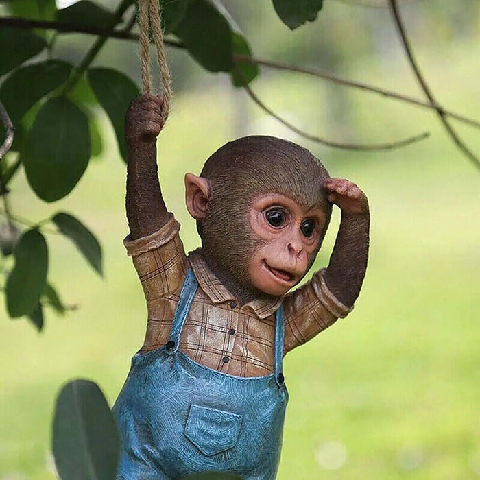 Monkey Chimp Hanging Rope Garden Ornament Outdoor Statue Sculpture Resin Decor - homesweetroses