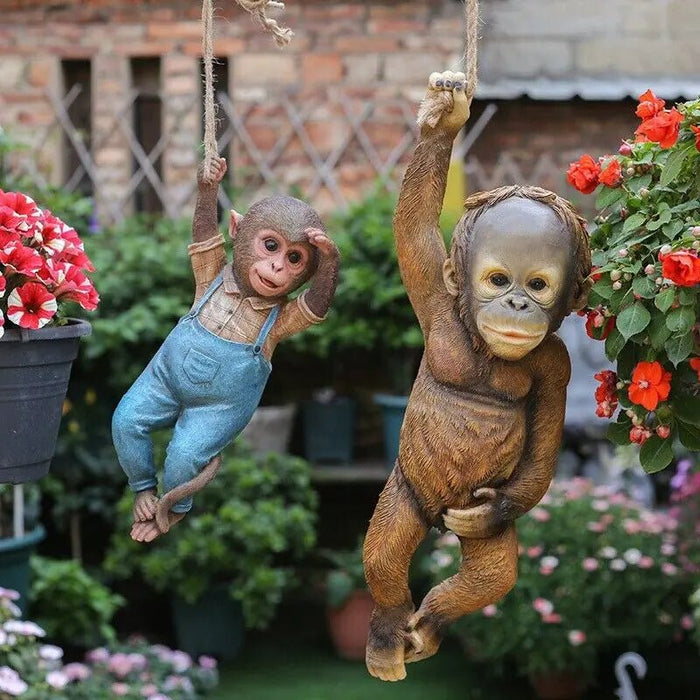 Monkey Chimp Hanging Rope Garden Ornament Outdoor Statue Sculpture Resin Decor - homesweetroses