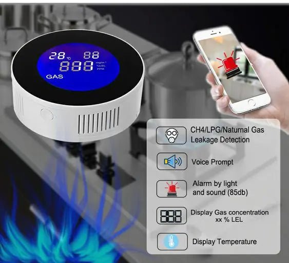 Wi - Fi Smart Natural Gas Detector - Digital LCD Temperature Display Gas Sensor for Home Kitchen - homesweetroses