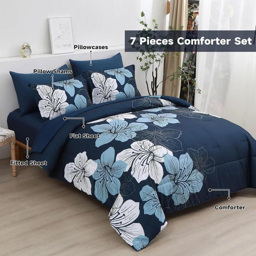 7 Pieces Soft Microfiber Navy Blue Complete Bedding Sets for All Seasons - homesweetroses
