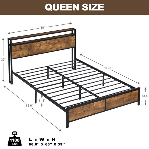 Industrial Bed Frame Noise Free with Storage and LED Lights/ 2 USB Ports - homesweetroses