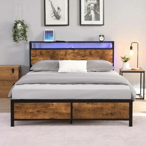 Industrial Bed Frame Noise Free with Storage and LED Lights/ 2 USB Ports - homesweetroses